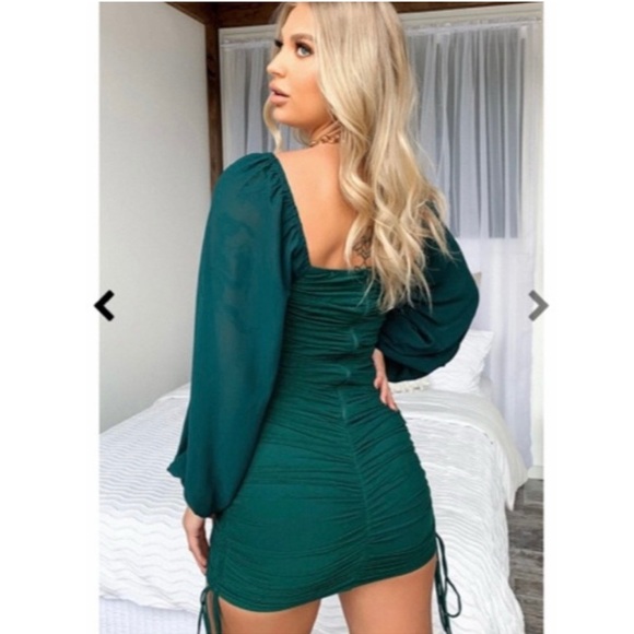 THATSSOFETCH “Lorde” Ruched Sheer Balloon Sleeve Mini Dress in Emerald Green - Picture 8 of 15